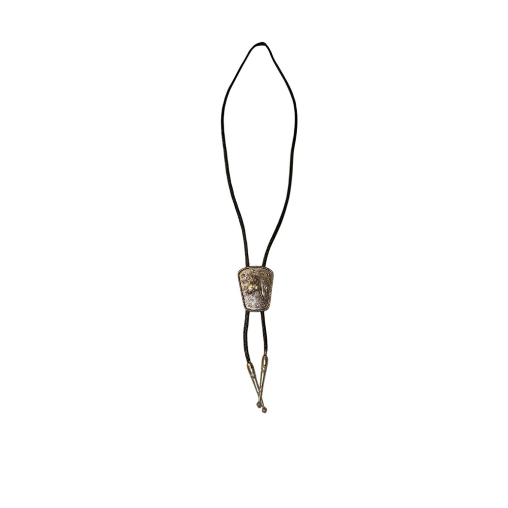 Vintage Bolo Tie Horse Silver Woven Black Leather Etched Zodiac Western